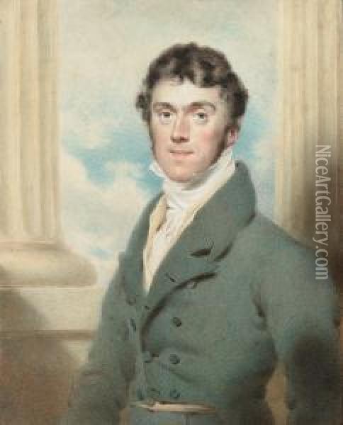 Henry Shaw-lefevre, Wearing Pale Green Suit, His Coat With Matching Buttons, Pale Yellow Waistcoat, White Shirt And Cravat, Stone Column And Sky Background Oil Painting - Sir Henry Raeburn
