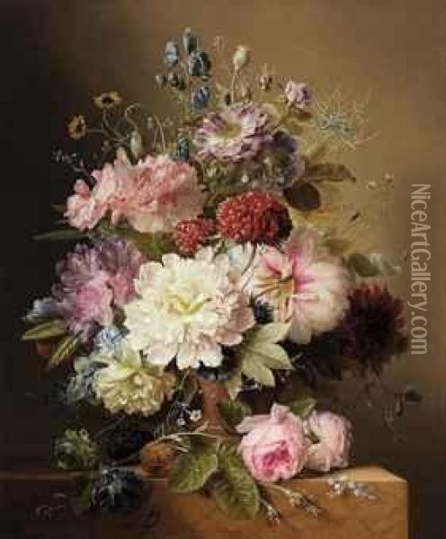 Still Life With Peonies, Rhodedendran, Auricula, Roses, And Summerflowers, In An Urn, On A Marble Ledge Oil Painting - Arnoldus Bloemers