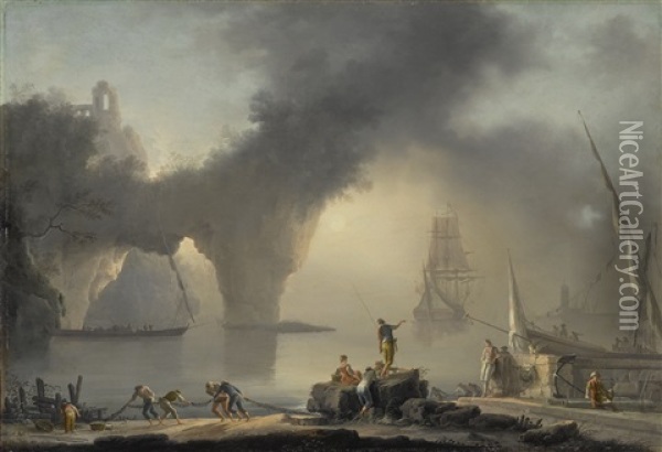 View Of A Mediterranean Port At Sunrise, With Fishermen Along The Shore In The Foreground, A Natural Bridge Beyond Oil Painting - Claude Joseph Vernet