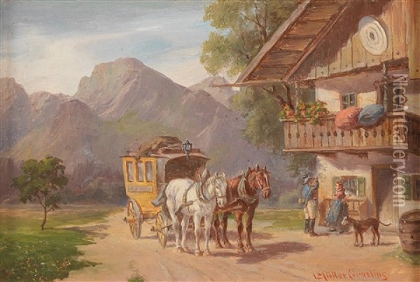 Arrival Of The Post Coach Oil Painting - Ludwig Mueller-Cornelius