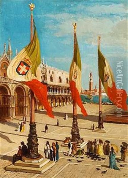 Udsigt Over Markuspladsen I Venedig Set Mod Dogepaladset Oil Painting - Alexandre Hannotiau