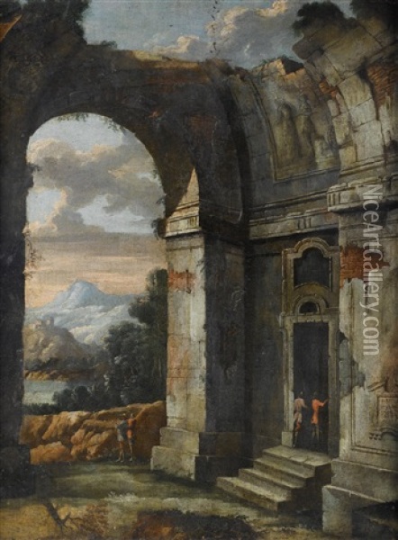 A Classical Capriccio With Figures Entering A Ruined Building Oil Painting - Viviano Codazzi