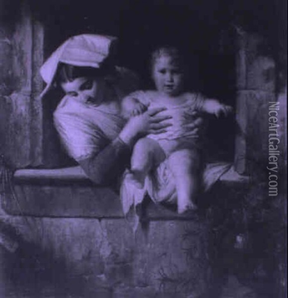 Mother And Child At A Window Oil Painting - Giuseppe Mazzola