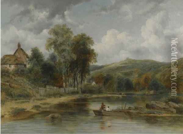 River Landscape With A Ferry Oil Painting - Frederick Waters Watts