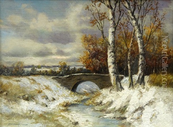 Snow Scene With Bridge Oil Painting - Frederick J. Mulhaupt