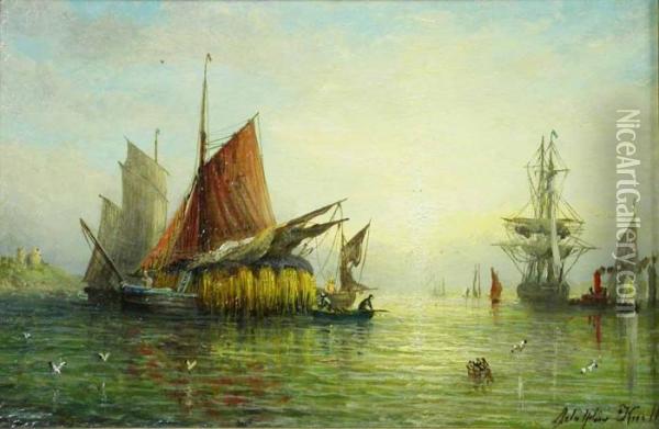 Estuary Scene With Shipping Oil Painting - Adolphus Knell