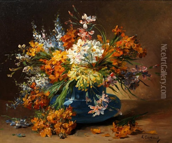 Still Life Of Flowers In A Blue Vase (+ Another; Pair) Oil Painting - Edmond Van Coppenolle