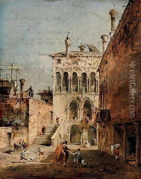 An architectural capriccio with a campiello Oil Painting - Francesco Guardi