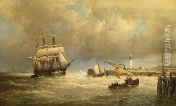 Entrance To The Harbour Of Hellevoetsluis, Holland Oil Painting - Cornelis Christiaan Dommersen