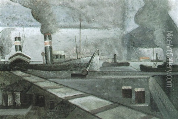 Kanallandschaft Mit Dampfschiffen Oil Painting - Pierre Hode