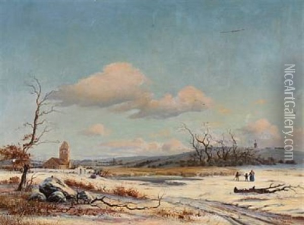 Winter Day In Usserod With Karlebo Church Oil Painting - Peter Christian Christensen