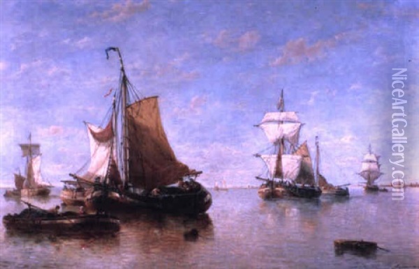 Shipping Off A Coastline In A Calm Oil Painting - Francois-Etienne Musin