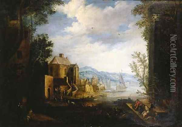 Merchants and townsfolk on a quay in a Mediterranean harbour Oil Painting - Matthys Schoevaerdts