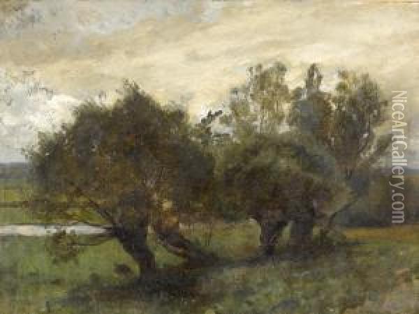 Ebene Landschaftspartie Bei Einem Fluss Mit Weiden. Oil Painting - Otto Frolicher