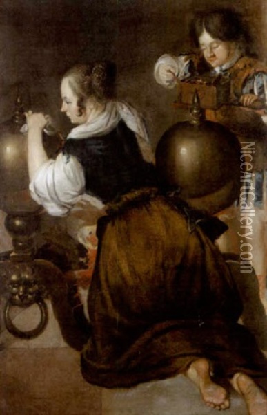A Young Woman And A Boy Polishing Fire-dogs Oil Painting - Jan Gerritsz van Bronckhorst