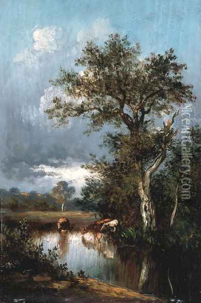 Trois vaches a l'abrevoir Oil Painting - Jules Dupre