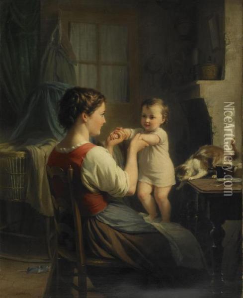 Mor Och Barn Med Katt Oil Painting - Fritz Zuber-Buhler
