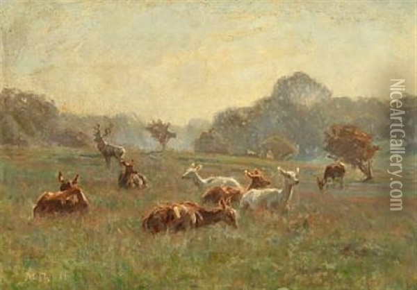 A Group Of Stags On An Early Morning In The Deer Park North Of Copenhagen Oil Painting - Hans Michael Therkildsen