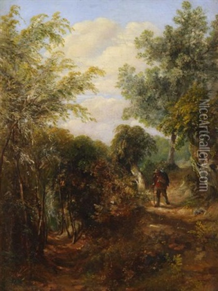 Traveler In A Woodland Landscape Oil Painting - Patrick Nasmyth