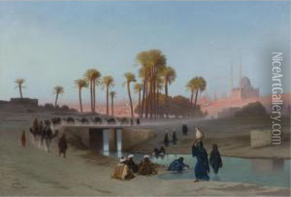 Departure From Cairo, Mohamed Ali Citadel In The Distance Oil Painting - Charles Theodore Frere