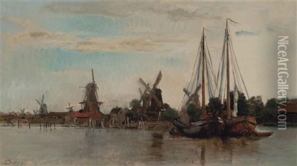 Barges Moored On A Dutch Waterway Oil Painting - Charles Francois Daubigny