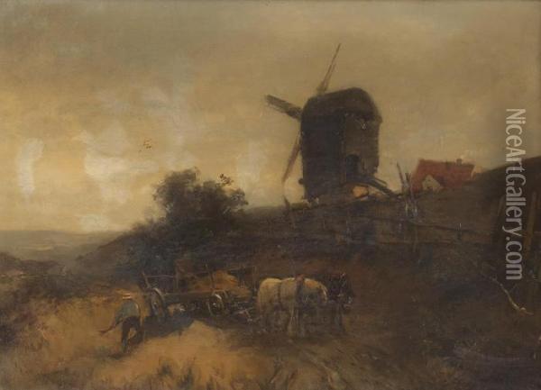 Hollandische Landschaft Mit Muhle Oil Painting - Heinrich (Heinz) Hiller
