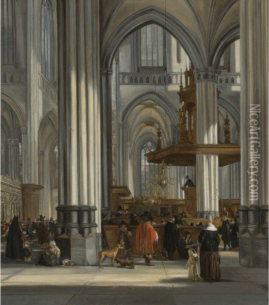 The Interior Of The Oude Kerk, Amsterdam With A Sermon Inprogress Oil Painting - Emanuel de Witte
