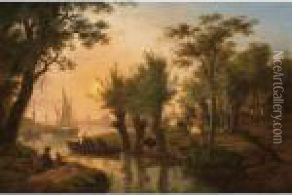 A River Landscape With Fishermen
 In A Boat Near A Meadow With Cows At Sunset, Sailing Vessels And A Town
 In The Background Oil Painting - Frans Swagers