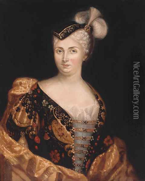 Portrait of a lady, bust-length, wearing a finely embroidered dress, a wrap and a feathered hat. Oil Painting - Antoine Pesne