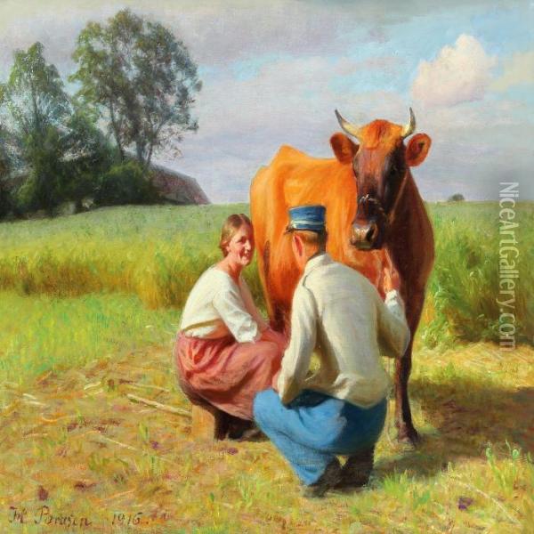Young Milkmaid Is Milking The Cow Oil Painting - Hans Ole Brasen