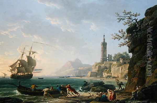 A Coastal Mediterranean Landscape with a Dutch Merchantman in a Bay, 1769 Oil Painting - Claude-joseph Vernet