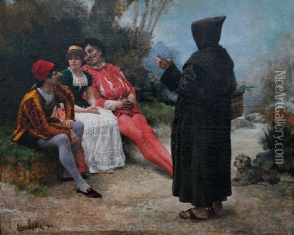 Scene Theatrale, La Conversation Sur Un Banc Oil Painting - Jules Arsene Garnier