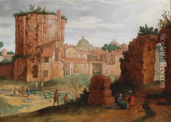 View Of A Town With Roman Ruins And Figures Oil Painting - Willem van Nieulandt the Elder