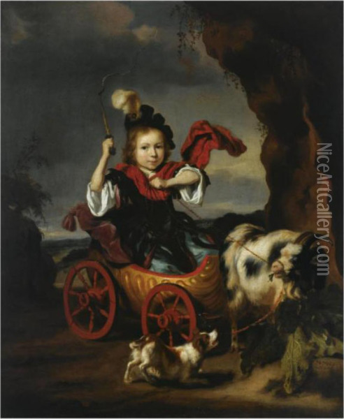 A Young Boy In Classical Dress 
In A Goat-drawn Chariot, Together With A Dog In A Landscape Oil Painting - Nicolaes Maes