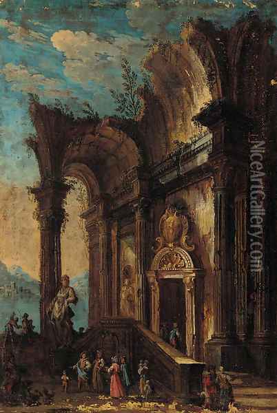 A capriccio of figures at a classical ruin Oil Painting - Giovanni Paolo Panini