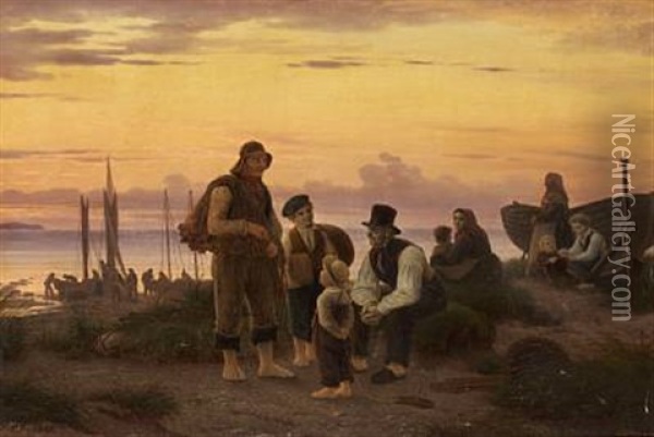 Hornbeks Fiskere Paa Deres Samlingsplads Om Aftenen Efter Endt Dagsvaerk Oil Painting - Peter (Johann P.) Raadsig