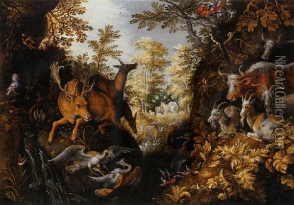 A Stag, Deers, Herons, Goats, Parrots And Other Animals In A Forest Oil Painting - Roelandt Savery