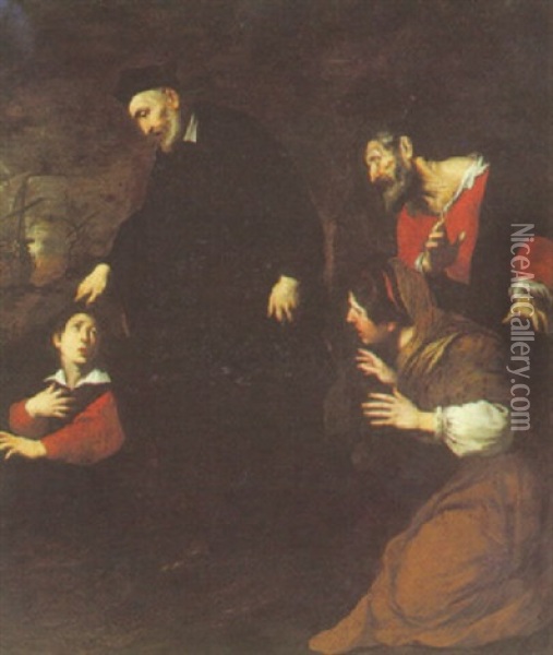 A Cleric Blessing A Young Boy With An Old Man And A Woman Looking On Oil Painting - Pietro (Monrealese) Novelli