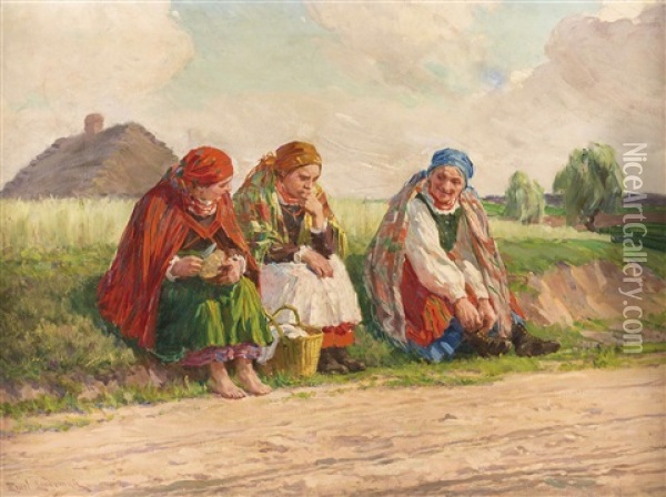 Drei Bauerinnen Bei Der Rast Oil Painting - Emil Lindemann