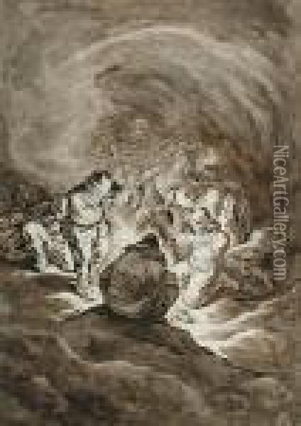 Peasants Crowded Round A Fire In A Cavern Oil Painting - Johann Christoph Dietzsch
