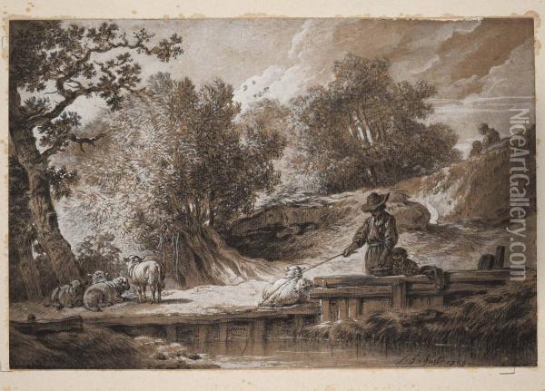 A River Landscape With Children Fishing Oil Painting - Jean-Baptiste Huet I