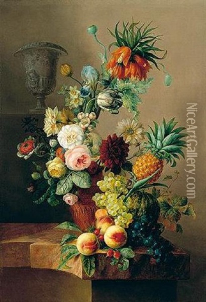 A Still Life Of Various Flowers In A Terracotta Vase, Peaches, Grapes, A Melon And Pineapple In The Foreground, All On A Marble Table Oil Painting - Jan van Os
