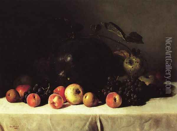 Still Life with Watermelon, Grapes and Apples Oil Painting - George Hetzel