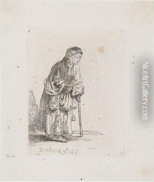 Beggar Woman Leaning On A Stick Oil Painting - Rembrandt Van Rijn