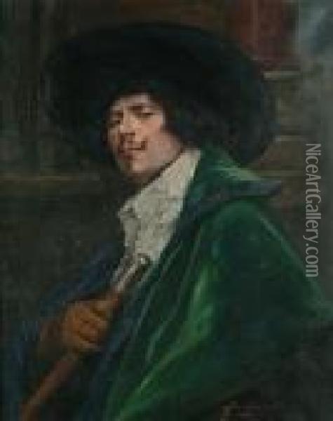A Cavalier Wearing A Green Cloak, And A Cavalier Holding A Muskett Oil Painting - Alex De Andreis