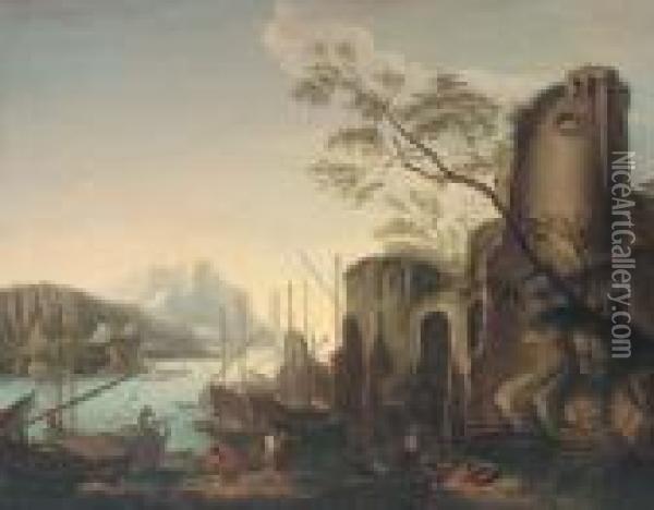 A Mediterranean Coastal Intlet With Shipping And Stevedores Byclassical Ruins Oil Painting - Salvator Rosa
