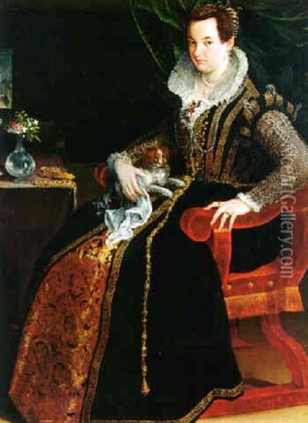 Portrait Of Costanza Alidosi Seated And Holding A Small Dog Oil Painting - Lavinia Fontana
