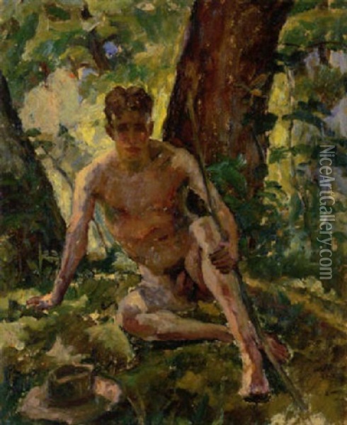 Mannlicher Akt, Sitzend Im Wald, Mit Hut Und Bogen Oil Painting - Albert Weisgerber