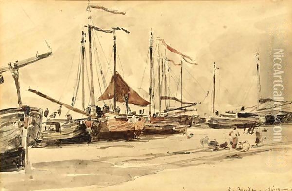 Fishing Boats On The Beach At Scheveningen Oil Painting - Eugene Boudin