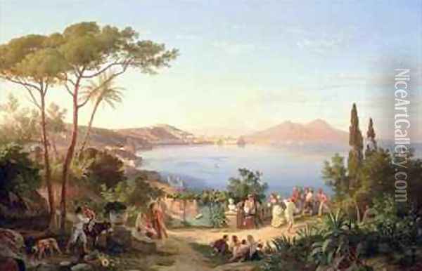 Bay of Naples with Dancing Italians Oil Painting - Carl Wilhelm Goetzloff